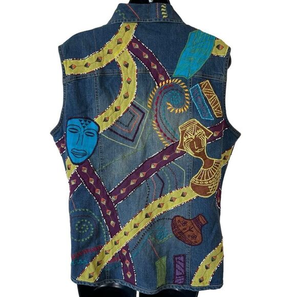 Vintage Chicos Patchwork Denim Embroidered Beaded Sequin Colorful Abstract Vest - Picture 11 of 11